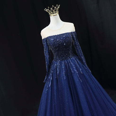 Gothic Navy Blue Off-Shoulder Wedding Dress - Designer Sequin Gown - Long Sleeve Wedding Dress Plus Size
